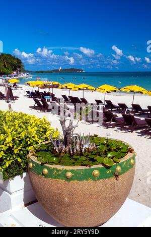 Sonnenliegen, Sonnenschirme, Bambus-Strandbar und Restaurant am Chaweng Beach, Ko Samui, Thailand Stockfoto