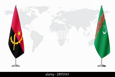 Angola und Turkmenistan Flaggen zum offiziellen Treffen vor dem Hintergrund der Weltkarte. Stock Vektor