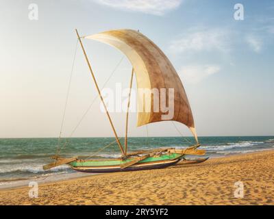 Fischerkatamaran am Strand in der Nähe von Negombo, Sri Lanka Stockfoto