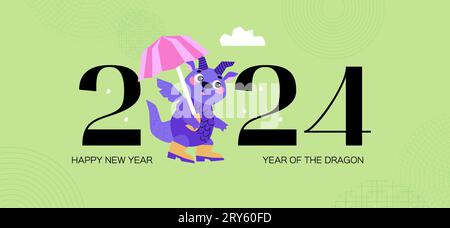 Drache in Gummistiefeln mit Regenschirm. Frohes Chinesisches Neujahr 2024. Jahr des Drachen. Lunar Neujahrsfeier Konzept für Grußkarte. Drache Stock Vektor