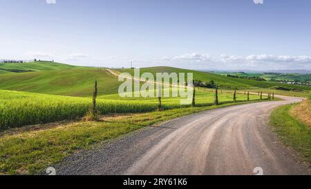 Monteroni d'Arbia, Route der Via Francigena. Straße, Felder und Bäume. Provinz Siena, Toskana. Italien, Europa. Stockfoto