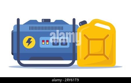 Tragbarer Stromerzeuger und Kanister mit Benzin und Benzin. Technologie, Elektrizität, Energiekonzept. Vektorillustration Stock Vektor