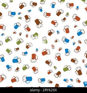 Muster von bunten Biertassen vom Fass mit Schaum auf weißem Hintergrund. Nahtloses oktoberfest-Muster für Webseiten, Textilien, Tapeten, Banner, Poster. Stock Vektor