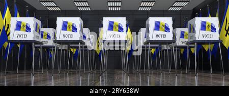 Barbados - Wahllokal mit vielen Wahlkabinen - Wahlkonzept - 3D-Illustration Stockfoto