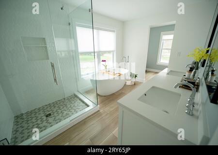 Modernes Bad in Grau- und Weißtönen mit elegantem Design Stockfoto