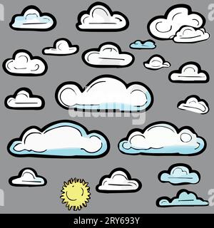 Wolken isoliert auf grauem Hintergrund. Weicher, runder Cartoon flauschige Wolken bilden eine Ikone. Vektordarstellung Stock Vektor