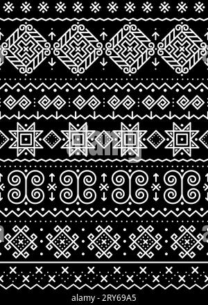 Slowakische Volkskunst Vektor nahtlose lange horizontale geometrische Muster in weiß auf schwarzem Hintergrund Stock Vektor