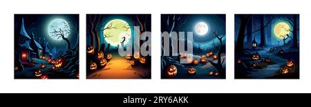 Banner für die gruselige Kürbisszene an Halloween setzen. Gruseliger Wald im oktober dunkle Nacht Herbst düstere Herbstlandschaft gruselige Herbstlandschaft. Happy Halloween Outdoor Backdrop Concept Vector Illustration Stock Vektor