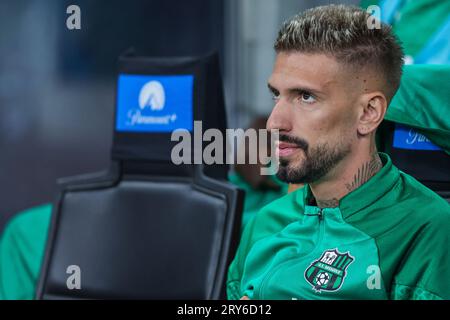 Mailand, Italien. September 2023 27. Samu Castillejo von US Sassuolo schaut während des Fußballspiels der Serie A 2023/24 zwischen dem FC Internazionale und US Sassuolo im Giuseppe Meazza Stadium, Mailand, Italien am 27. September 2023 auf. Credit: Independent Photo Agency/Alamy Live News Stockfoto