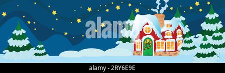 Abend oder Abend am Vorabend von Weihnachten und ein gemütliches Haus unter Tannen. Weihnachtsbäume und das Dach sind mit Schnee bedeckt. Stock Vektor