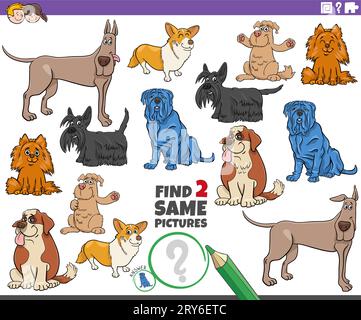 Karikaturillustration der Suche nach zwei gleichen Bildern, Bildungsaktivität mit Comic-Hunden, Tierfiguren Stock Vektor