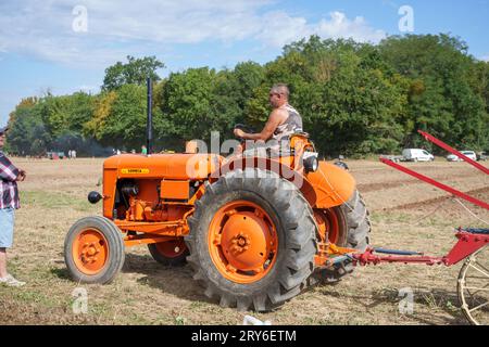 Wettbewerber auf dem Gebiet der traditionellen Landmaschinen, die in einem Pflügerwettbewerb stattfinden. Stockfoto