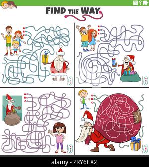 Comic-Illustration von Find the Way Labyrinth Puzzle-Aktivitäten mit dem Weihnachtsmann zu Weihnachten mit Kindern Stock Vektor