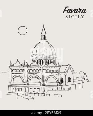Vector Hand gezeichnete Skizze Illustration der Kirche unserer Lieben Frau von Assumption in Favara, Sizilien, Italien. Stockfoto