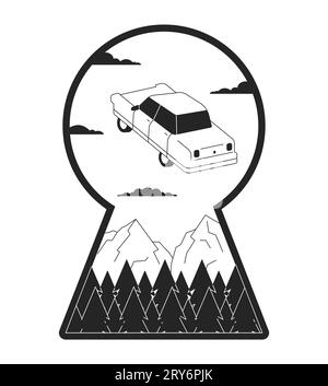 Schwebendes Retro-Auto in Schlüssellochform, schwarz-weißes 2D-Illustrationskonzept Stock Vektor