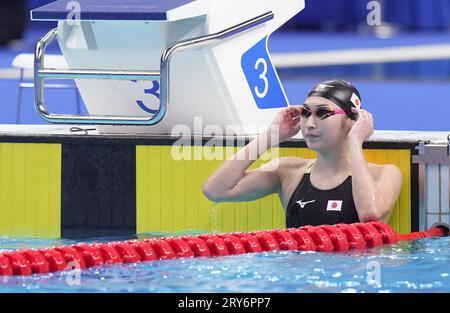Hangzhou, chinesische Provinz Zhejiang. September 2023 29. Ikee Rikako aus Japan reagiert nach dem 50m Schmetterlingsfinale der Frauen beim Schwimmen bei den 19. Asienspielen in Hangzhou, ostchinesische Provinz Zhejiang, 29. September 2023. Quelle: Du yu/Xinhua/Alamy Live News Stockfoto