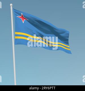 Wehende Flagge von Aruba auf Fahnenmast. Vorlage für Poster zum Unabhängigkeitstag Stock Vektor