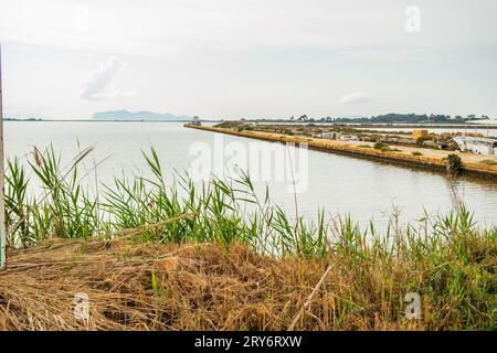 Blick über die Salinen von Marsala, Sizilien, Italien Stockfoto