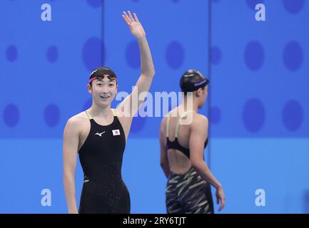 Hangzhou, chinesische Provinz Zhejiang. September 2023 29. Ikee Rikako aus Japan reagiert nach dem 50m Schmetterlingsfinale der Frauen beim Schwimmen bei den 19. Asienspielen in Hangzhou, ostchinesische Provinz Zhejiang, 29. September 2023. Quelle: Du yu/Xinhua/Alamy Live News Stockfoto