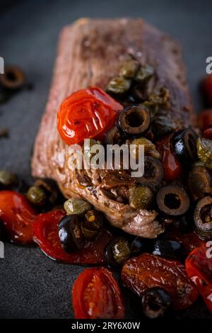 Pizzaiola-Steak mit Tomaten, Oliven und Kapern Stockfoto