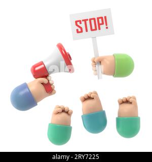 Zeichentrickhände von Dämonstranten und Hand mit Megaphon und Stoppzeichen, Protestkonzept, Revolution, Konflikt, 3D-Rendering auf weißem Hintergrund. Stockfoto