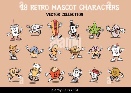 Vintage Maskottchen lustige Zeichentrickfiguren Groovy Retro Cartoon Aufkleber Comic Style Charaktere Hippie 60er 70er 80er Jahre Vintage Food Cartoon Charaktere Retro Stock Vektor