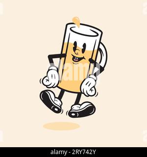 Comic Bier Becher Retro Mascot Charakter Vintage Alkohol Getränk Mascot Becher Walking Retro Cartoon Bier Stock Vektor