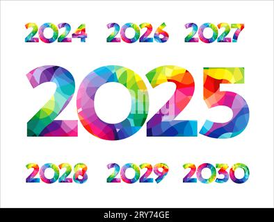 Satz mit bunten Zahlen von 2024 bis 2030. Kreative Symbole 2025, 2026, 2027, 2028 und 2029. Titel des Kalenders oder Planers. Geschäftskonzept. Isolierter Fleck Stock Vektor