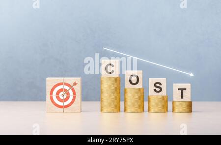 Kostensenkung für Zielindikatoren. Text „Kosten“ mit Pfeil nach unten. Ziel: Senkung der Kosten für Produktdienstleistungen, Modernisierung und Kreditprodukte Stockfoto