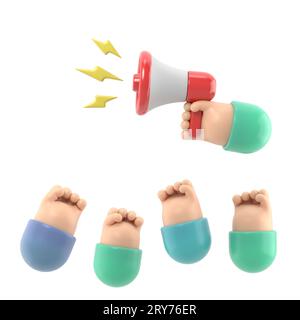 Zeichentrickhände von Dämonstranten und Hand mit Megaphon, Protestkonzept, Revolution, Konflikt, 3D-Illustration in flacher Konstruktion .3D-Rendering auf weißem Hintergrund Stockfoto