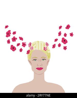 Konzeptbild der schönen Frau mit Blumen aus dem Kopf. Romantische Stimmungszeichnung. Schönes blondes Frauenporträt auf weiß. Vektorillustration Stock Vektor