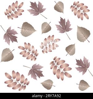 Metallic Flieder farbige Herbstblätter nahtloses Muster von Herbstahorn und Birkenblättern auf weißem Hintergrund Stock Vektor