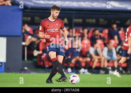 David Garcia von CA Osasuna während des La Liga EA Sports Matches zwischen CA Osasuna und Atletico de Madrid spielte am 28. September 2023 im El Sadar Stadium Stockfoto