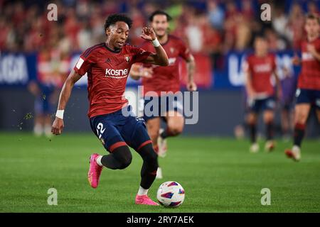 Johan Mojica von CA Osasuna während des La Liga EA Sports Matches zwischen CA Osasuna und Atletico de Madrid spielte am 28. September 2023 im El Sadar Stadium Stockfoto