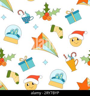 Frohe Weihnachten – grooviges, nahtloses Muster. Kollektion von Hippie-Urlaubs-Winterelementen im trendigen alten Animationsstil. Grooviges Weihnachtsmuster. Stock Vektor