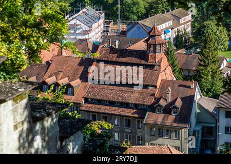 Eine erhöhte Ansicht zeigt die rotgedeckten Dächer eines großen Gebäudeensembles mit einem verzierten Dachreiter im Altstadtviertel Neuveville von Freiburg, Schweiz. Ein Gebäude ist im Hintergrund rechts von Gerüsten bedeckt. Stockfoto