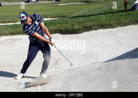 Guidonia Montecelio, Rom, Italien. September 2023 29. Collin Morikawa während der 44. Ryder Cup Spiele, Europa gegen USA, Tag 1 im Marco Simone Golf Rom, Italien (Credit Image: © Ciro de Luca/ZUMA Press Wire) NUR REDAKTIONELLE VERWENDUNG! Nicht für kommerzielle ZWECKE! Stockfoto