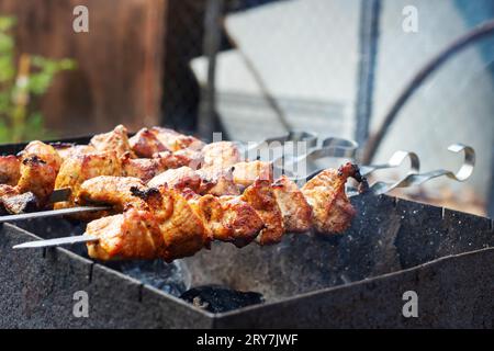 Shish Debab auf Spießen und Barbecue aus nächster Nähe Stockfoto