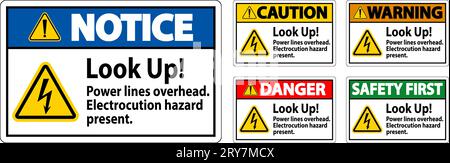 Vorsicht Unterschreiben Nachschlagen Stromleitungen Überkopf, Schwere Verletzungen Möglich Stock Vektor
