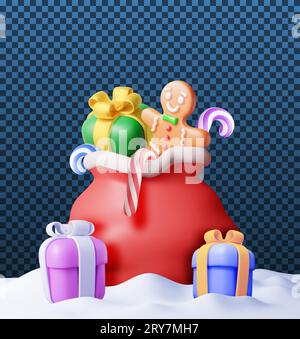 3D Open Santa Claus Sack voller Geschenke im Schnee Stock Vektor
