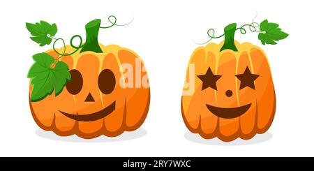 Kürbisse mit Blättern auf weißem Hintergrund Stock Vektor