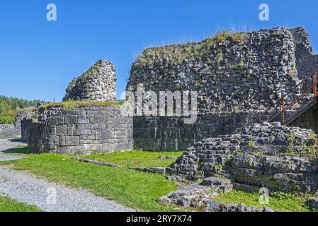 Feudales Château de Moha aus dem 11. Jahrhundert, mittelalterliche Burgruine im Dorf Moha, Wanze, Provinz Lüttich, Wallonien, Belgien Stockfoto