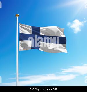 Winkende Flagge Finnlands auf Fahnenmast mit Himmelshintergrund. Vorlage für Unabhängigkeitstag Stockfoto