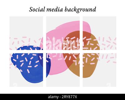 Entwerfen Sie Vorlagen für Social-Media-Posts in abstrakter Form, Pinselspuren in Pink, Gold und Blau mit Platz für Text und Bilder. Stockfoto