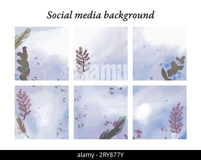 Entwerfen Sie Vorlagen für Social-Media-Beiträge mit herbstlichen Aquarellmotiven in Blautönen mit rosa Akzenten, mit Platz für Text und Bilder Stockfoto