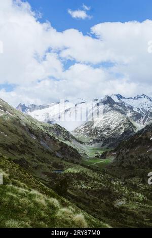 Grünes Tal mit schneebedeckten Bergen im Hintergrund in den spanischen Pyrenäen Stockfoto