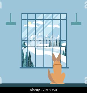 Vektor flaches Fenster, Hund sitzt in der Nähe der Fensterbank, Topf mit Blumen. Komfort zu Hause. Abbildung in flacher Ausführung. Stock Vektor