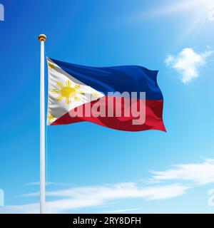 Schwenkende Flagge der Philippinen auf Fahnenmast mit Himmelshintergrund. Vorlage für Unabhängigkeitstag Stockfoto