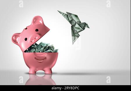 Verschwindende Spareinlagen als Bank- und Bankensymbol für Geldtransfers oder den Verlust von Wohlstand als Sparkasse mit Origami-Dollar als Inflationsfaktor Stockfoto