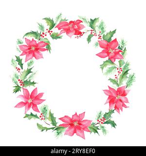 Aquarell von Hand gezeichneter Weihnachtskranz. Blumenrahmen mit Poinsettia, Kiefern, stechpalme. Vintage-Stil. Gut für Karten, Drucke, Dekoration Stockfoto